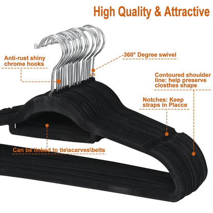 Velvet Flocked Hangers 100 Pack Non Slip Black Clothes Suit Hangers Hook Swivel 360 Ultra Thin(100Pcs, Black, Velvet)