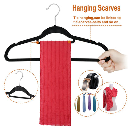 Velvet Flocked Hangers 100 Pack Non Slip Black Clothes Suit Hangers Hook Swivel 360 Ultra Thin(100Pcs, Black, Velvet)